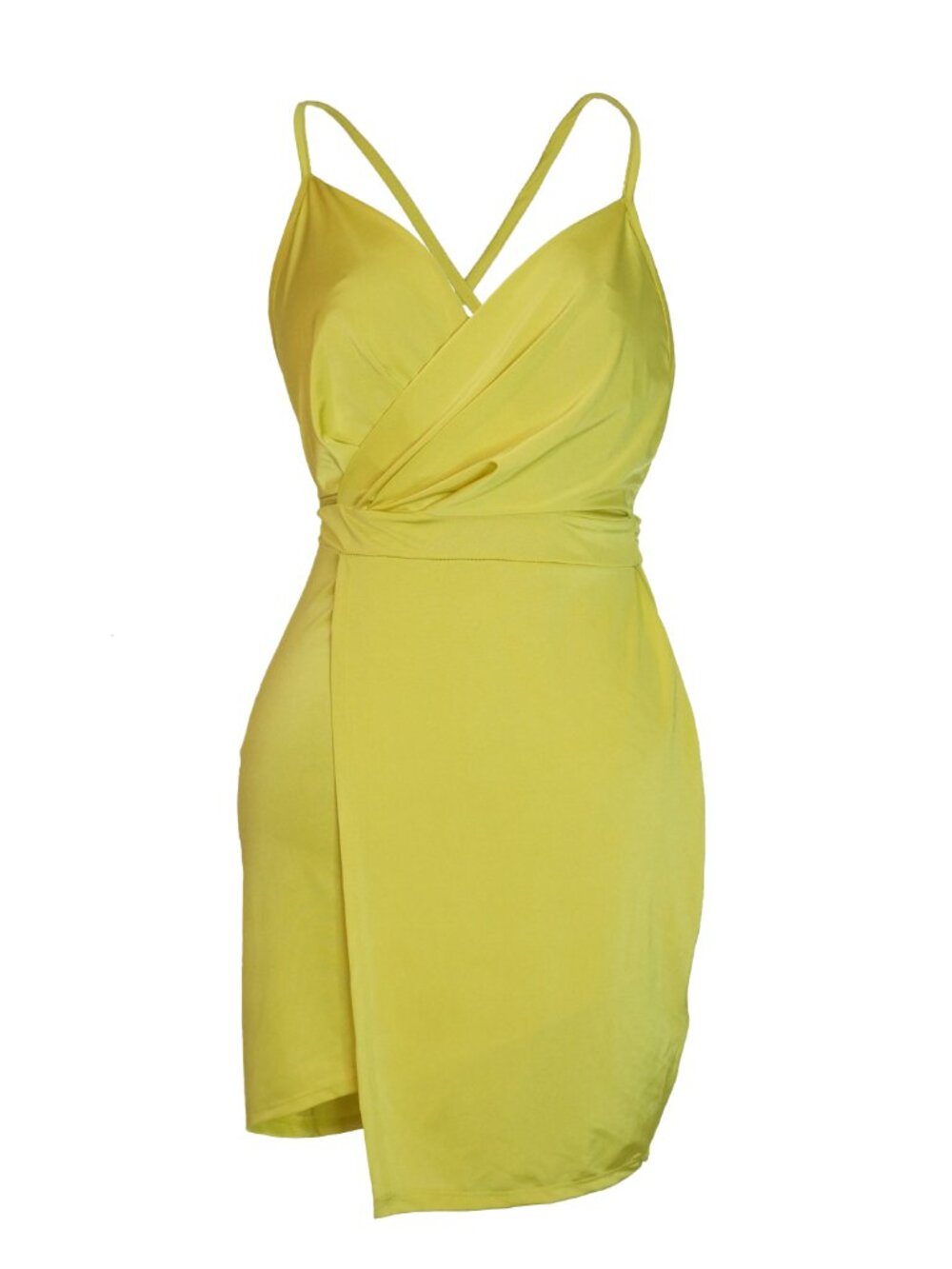 Valiant Paris Yellow Green Ruched Wrap Style Bodycon Mini Dress Size L